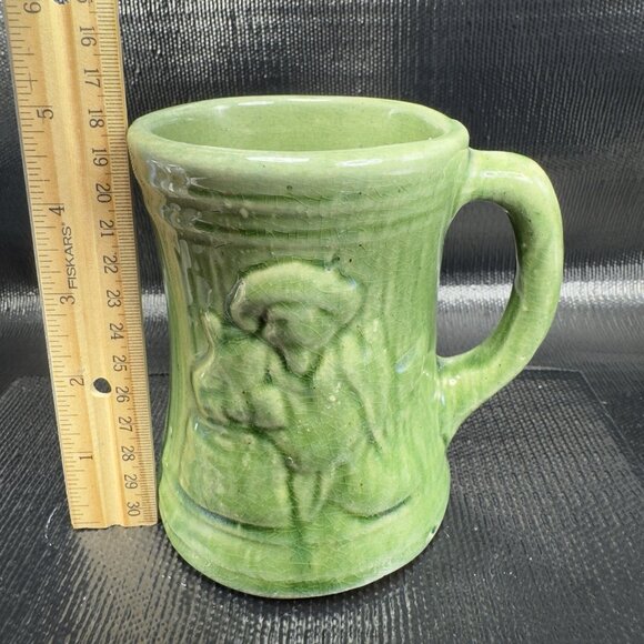 Vintage 1920s McCoy Green Buccaneer Stoneware Mug Cup Heavy Green Glaze Mug Cup - Picture 3 of 13